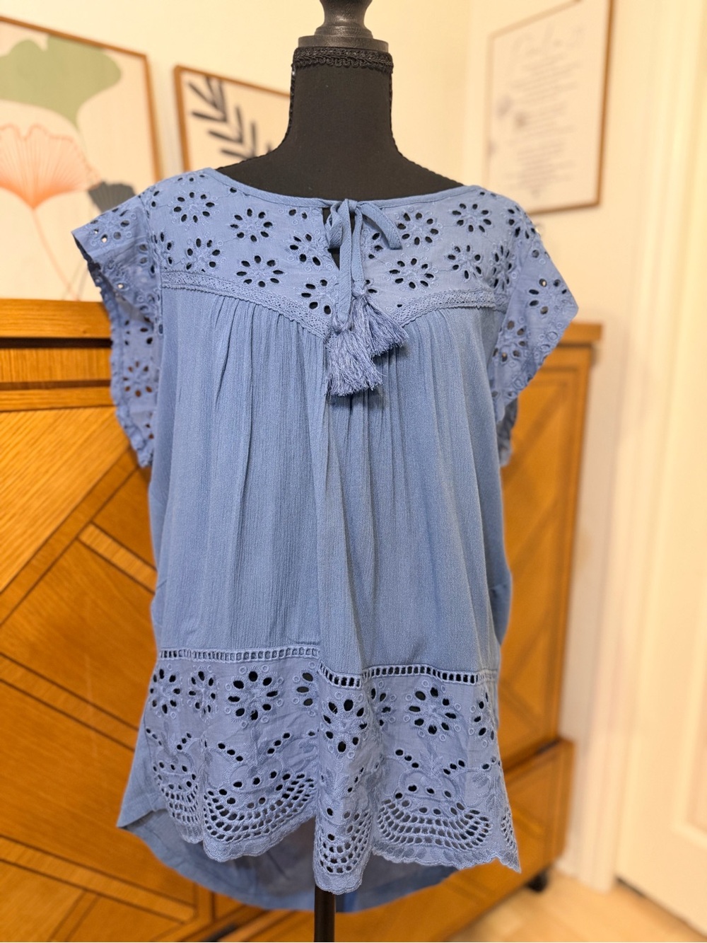 Women’s Blue Eyelet Tassel Peasant Top
